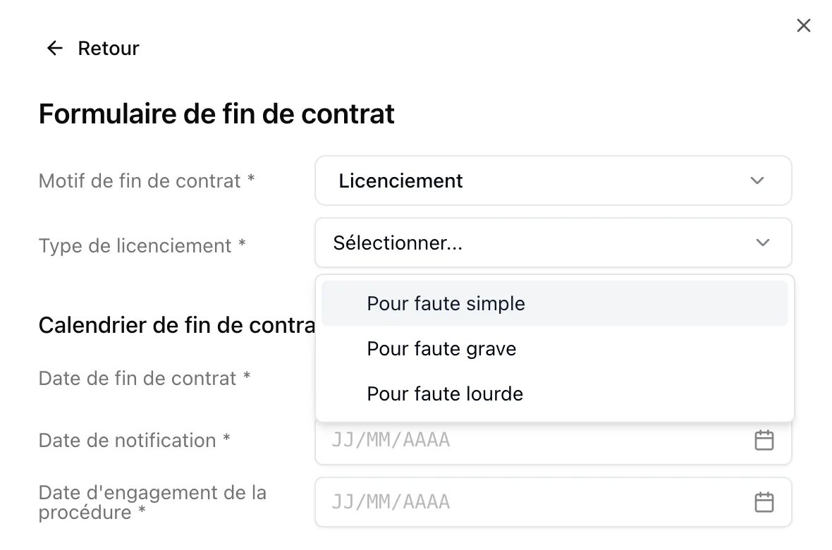 Déclarez un licenciement pour faute simple, grave ou lourde depuis le formulaire de fin de contrat