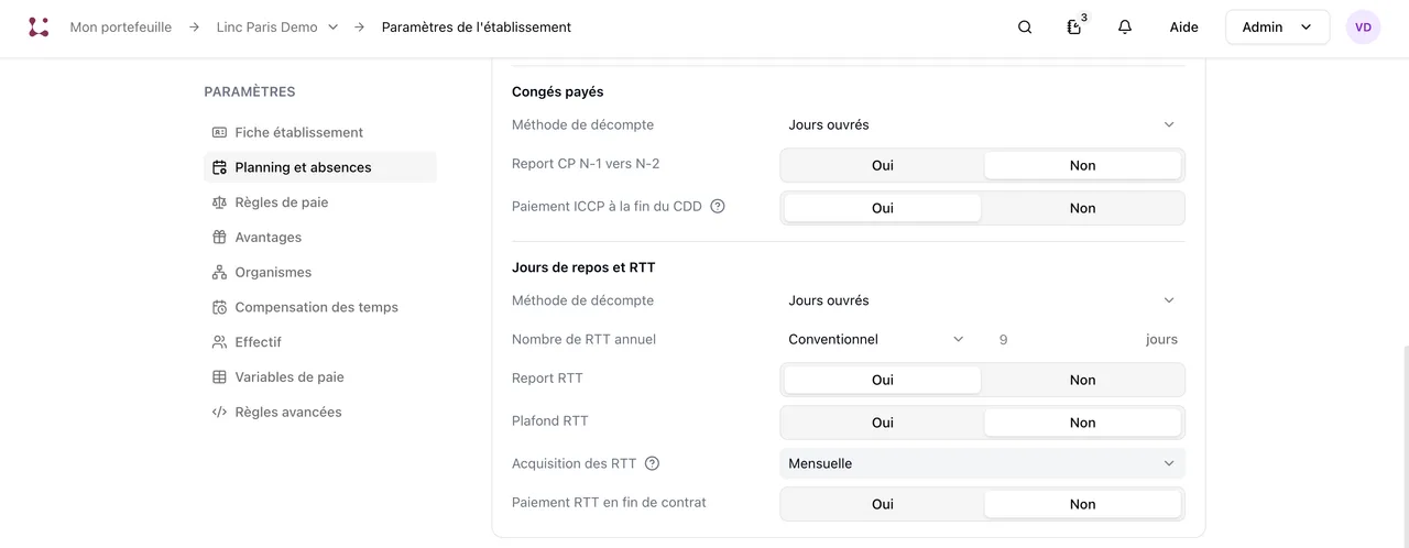 Attribuez les RTT en une fois en début de période, Linc proratise les arrivées et les départs