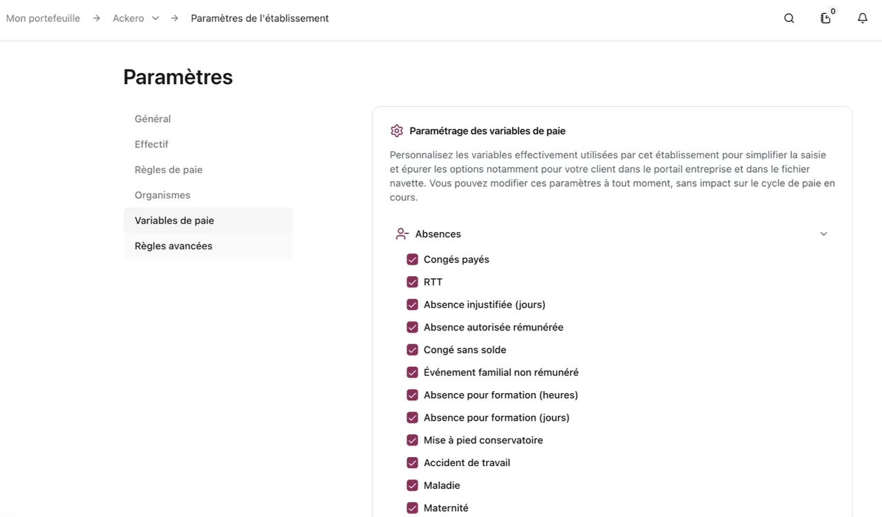 Unification des menus dans les “Paramètres d’établissement” (1/5)