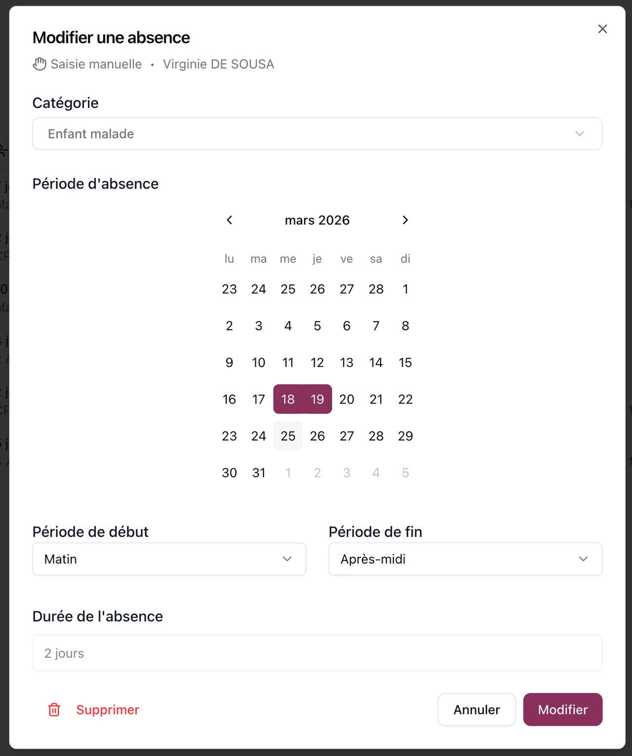 Absence “enfant malade” disponible en saisie simplifiée