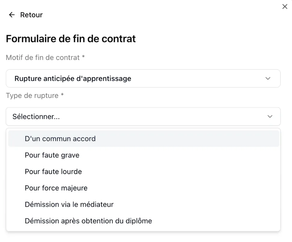 Les ruptures anticipées de contrat d’apprentissage sont désormais disponibles dans le parcours guidé de fin de contrat