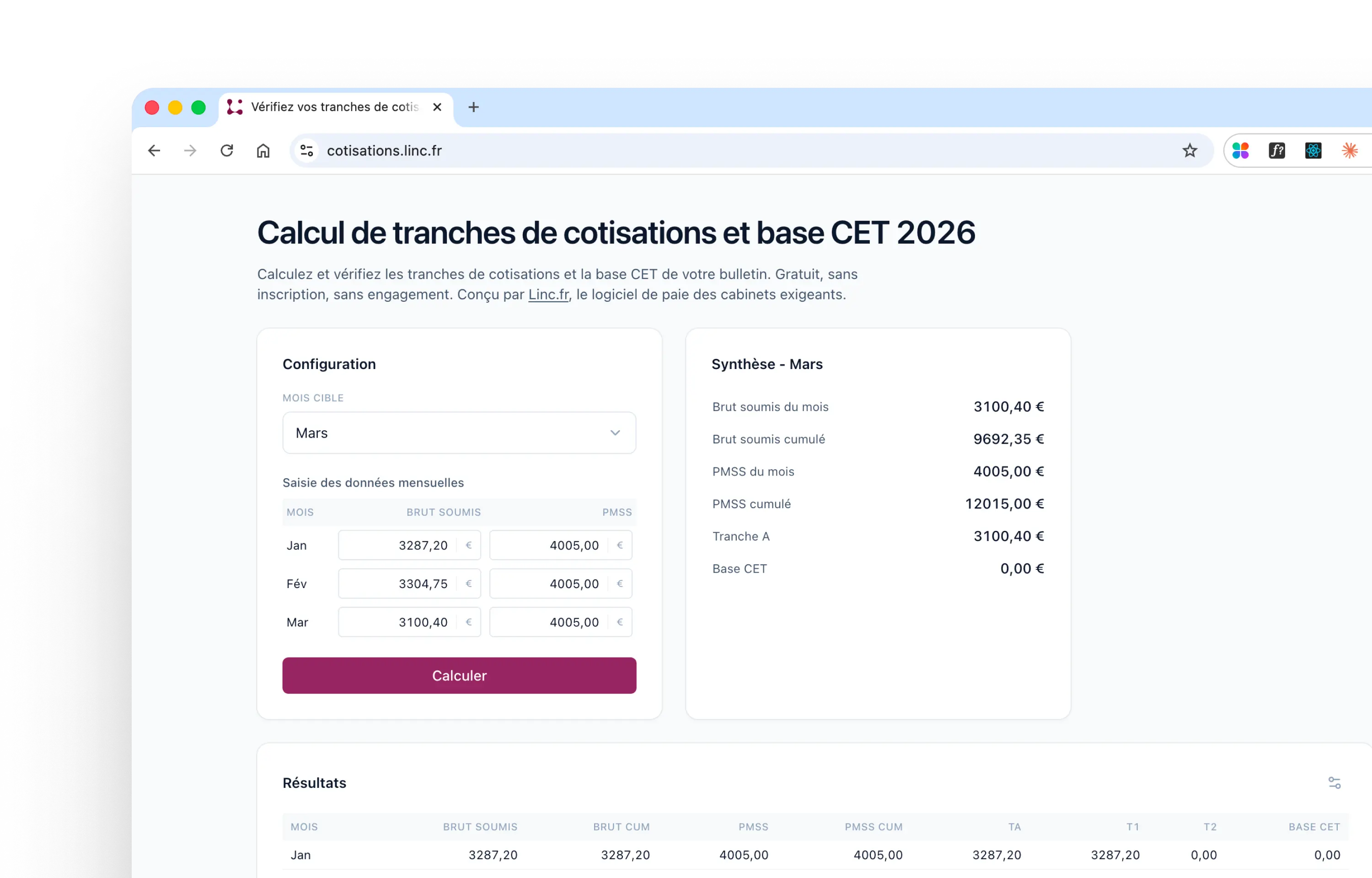 Aperçu du simulateur de cotisations 2026