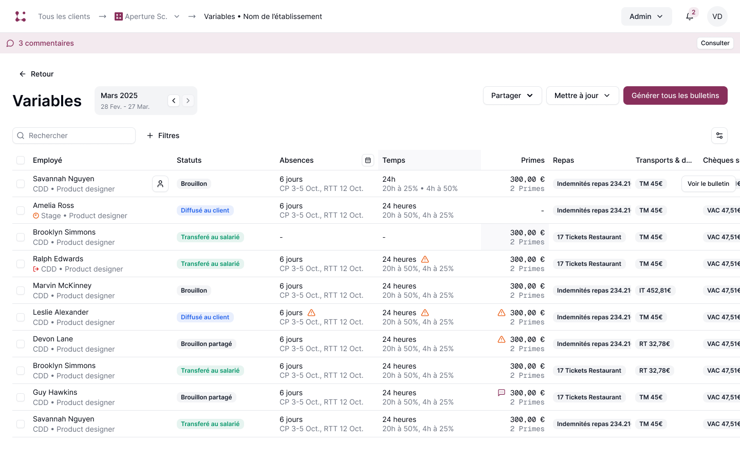 Interface Linc : saisie des variables de paie